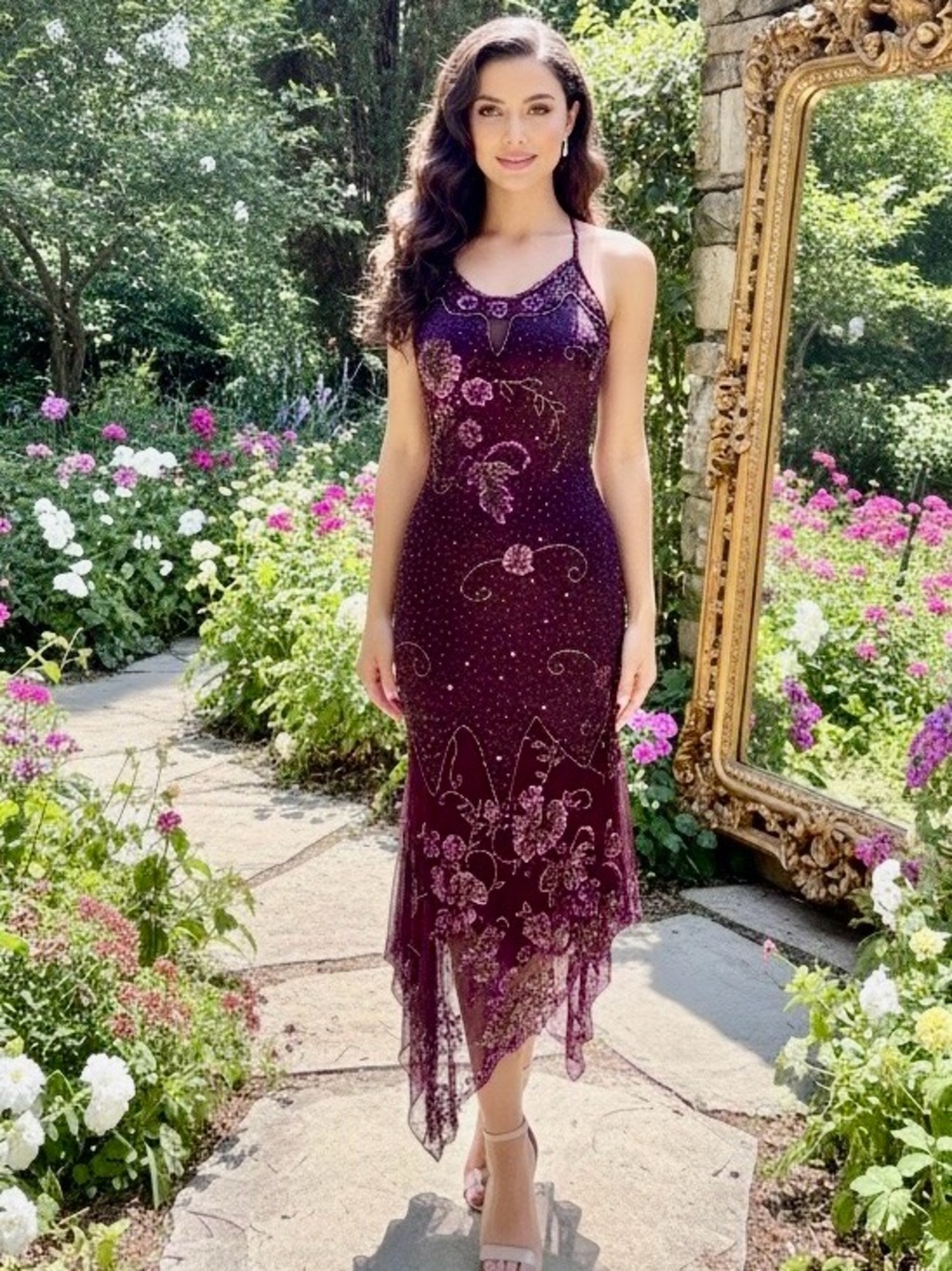 Elegant burgundy, wine, stretch, satin hand Beaded Floral Midi Dress NWT size SM